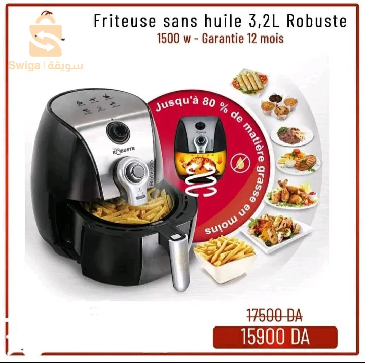Friteuse ROBUSTE3.2L 1500w✔️Friteuse sans huile Capacité  : 3.2 Litres✔️-Thermostat réglable 80° – 200°✔️-Minuterie (arrêt automatique) 30Min✔️-Antiadhésif nettoyage facile✔️-Façade en acier inoxydable✔️-Voltage : 220V/240V – 50Hz/60H