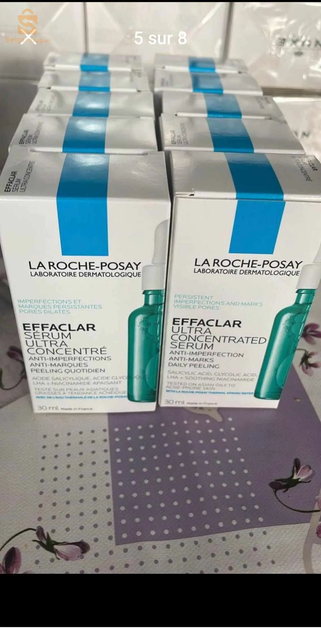 La Roche Posay Effaclar Ultra Concentrated Serum 30ml
50 boîtes habate caba 🇲🇫

1boite 5000dr
2boite 9000dr

Tout le lot contacter moi

Disponible à partir d 17/04


مصل تقشير يومي لطيف للبالغين الذين يعانون من البشرة المعرضة لحب الشباب وعلامات الشيخوخة، يحتوي على مركب ثلاثي الأحماض التكميلي من حمض الساليسيليك وحمض LHA وحمض الجليكوليك لتقشير البشرة. يقلل المسام المرئية والعلامات التي يتركها حب الشباب، وينقي نسيج البشرة غير المستوي ويقلل من ظهور حب الشباب. علامات الشيخوخة محملة بالنياسيناميد (فيتامين ب 3) ومياه لاروش بوزيه الحرارية للحصول على تحمل مثالي، تبدو البشرة أكثر نعومة ورطوبة وأكثر راحة وخالية من الزيوت ولا تسبب انسداد المسام وتم اختبارها على البشرة الحساسة تحت مراقبة أطباء الجلد.

فوائد :
• يتكون من مركب ثلاثي الأحماض يتكون من حمض الساليسيليك وحمض الجليكوليك وحمض بيتا ليبوهيدروكسي لتقشير البشرة بلطف.
• يقلل من مظهر المسام.
• ينقي نسيج الجلد.
• يقلل من علامات الشيخوخة مثل الخطوط الدقيقة.