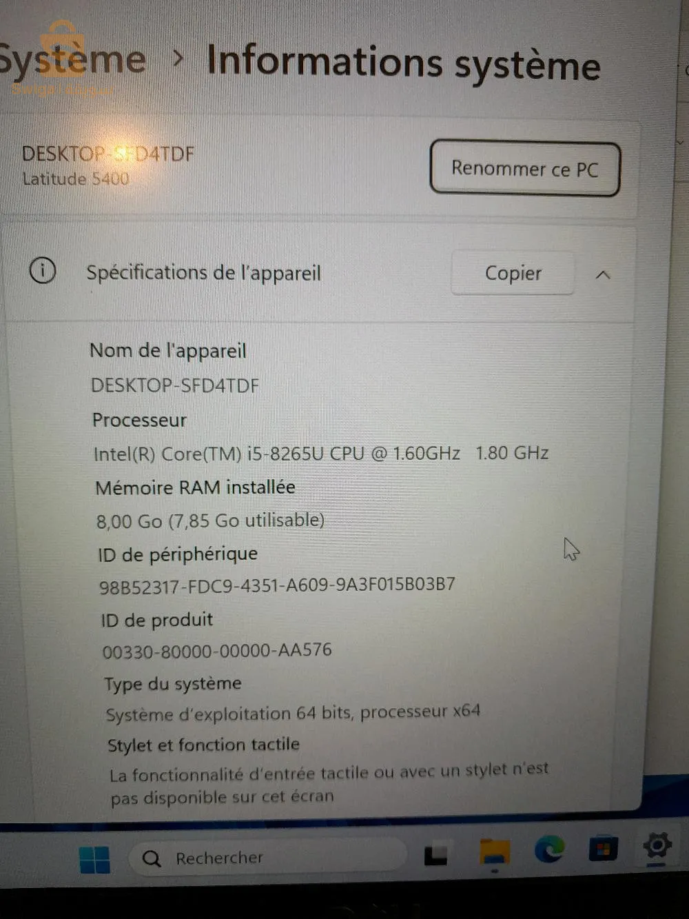 Pc Dell latitude 5400 (2020)i5 vpro 8 èmeRAM 8 GB ddr4Disque dur 256 GB SSD M2 nvme