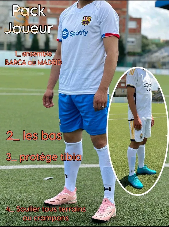 Pack joueur 
1_ ensemble REAL MADRID ou BARCELONA 
2_ Les bas 
3_ protège tibia
4_ soulier tous terrains ou crampons 
✅ إستفد من أفضل خدمة توصيل سريعة (2 - 4 أيام) لـ58 ولاية جزائرية مع ضمان حسن المعاملة وجودة الخدمة.
✅ الدفع سيكون مباشرة بعد إستلام السلعة ووصولها لمنزلك أو مقر العمل حسب العنوان الخاص بك
✅ المنتج مضمون بجودة عالية.
✅ أفضل سعر في السوق.
✅ إستبدال سهل ومجاني.
✅ نحن دائماً جاهزون لمساعدتك.