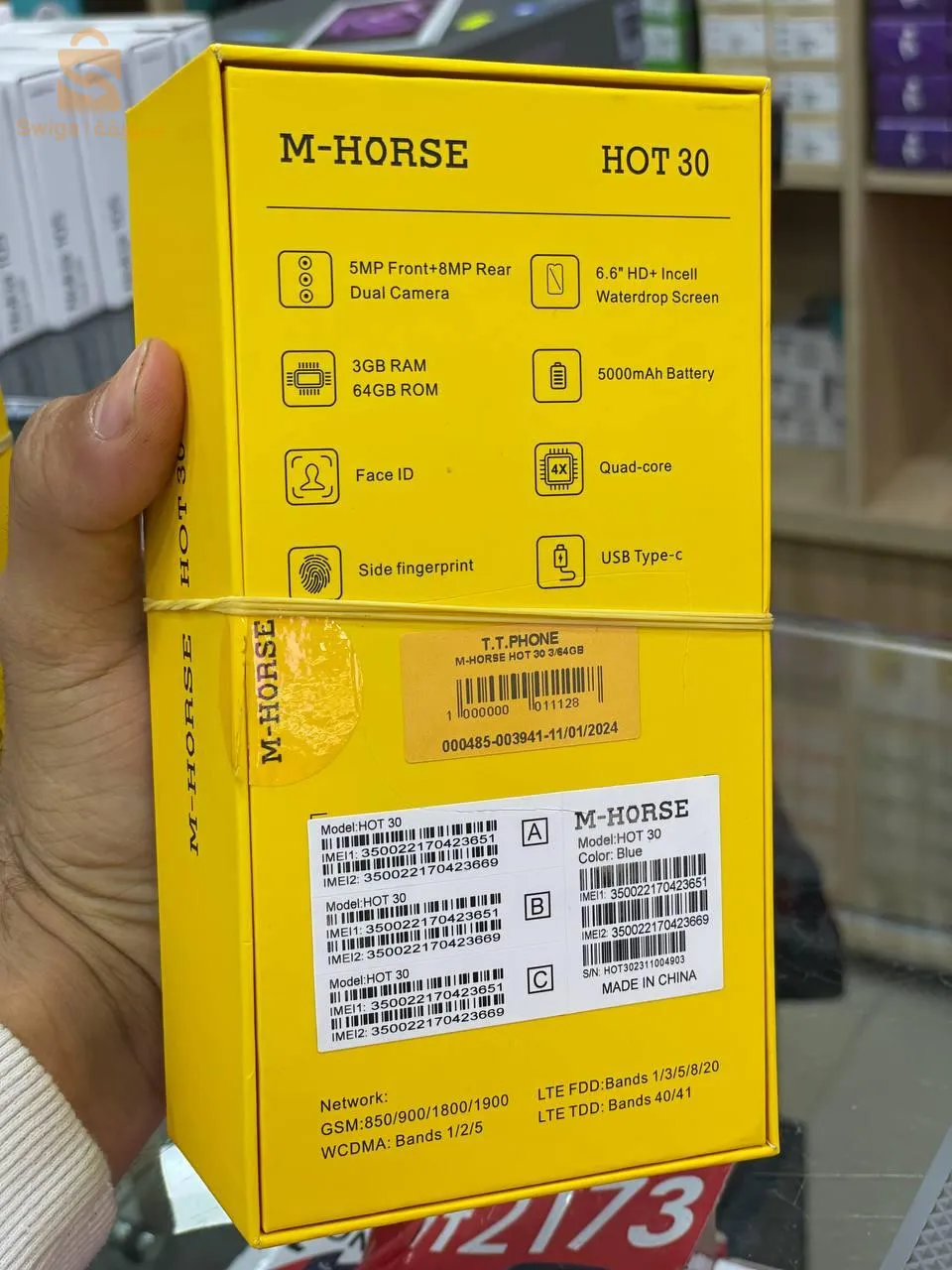 Téléphone M-horse hot 30 
Camera 📸 
5 MP front + 8 MP rear 
3 GB ram 
64 GB rom 
Face id 
Side fingerprint
Usb tybe-c 
5000 mah