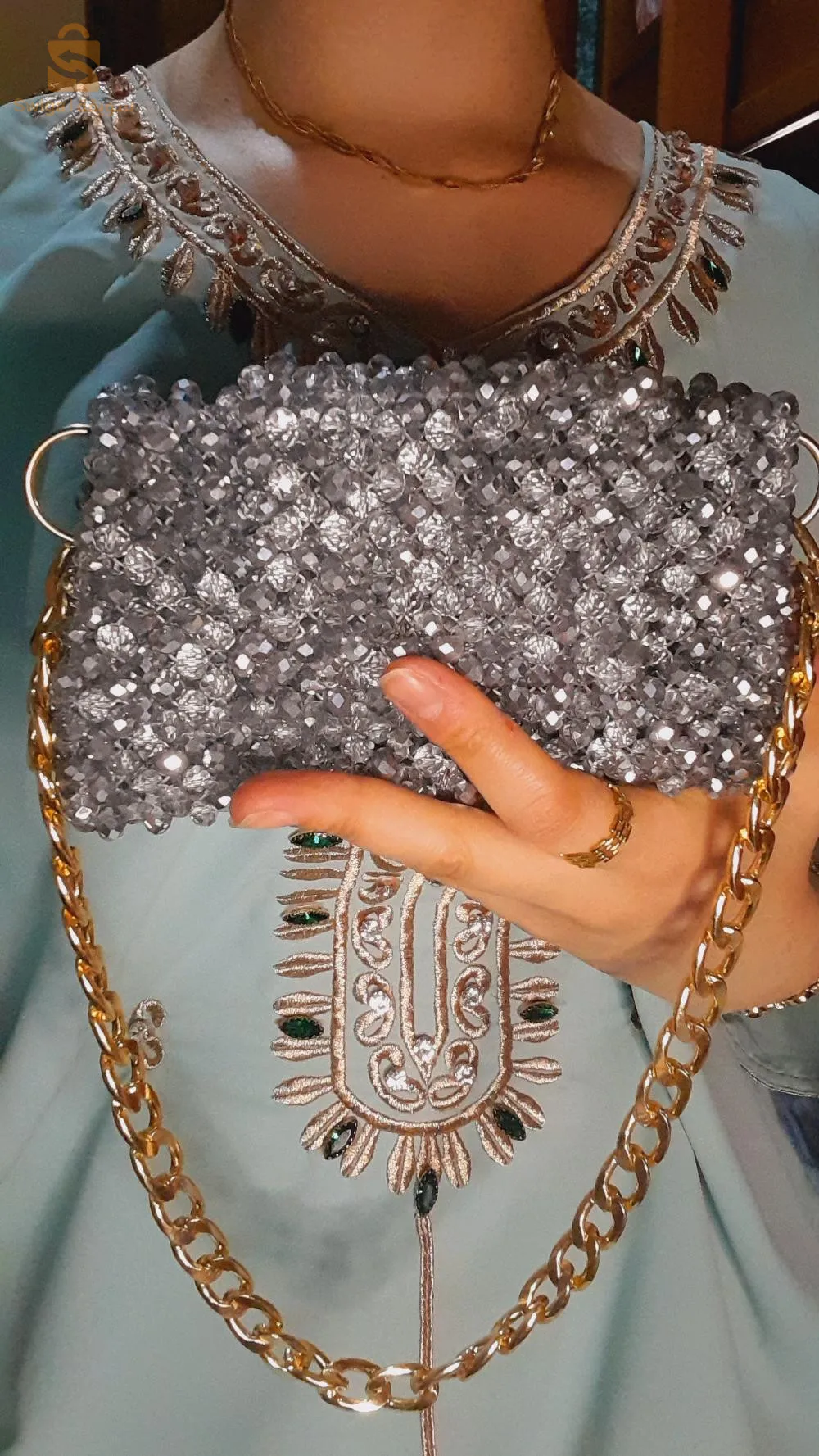 حقيبة كريستال رمادية مضيئة مصنوعة يدويا