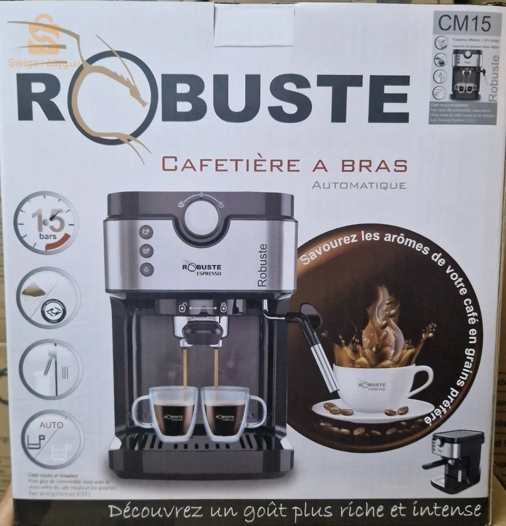 Machine à café avec bras  CM15 ROBUSTEMachine à café avec bras automatique CM15Robuste Porte-filtre : Crema sous pression 2 Bouton  un espresso simple / double espresso.Buse mobile de moussage et d’eau chaudeInterface : Interrupteur rotatifOne Touch ControlAdaptée aux dosettes E.S.E : OuiChauffe-tasse : Oui15500دج0665955230فل👉viber watts