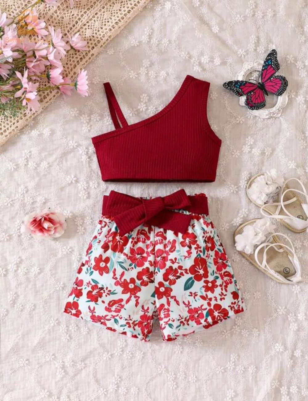 Top Asymétrique À Col Bébé Fille Et Short Imprimé Floral Avec Ceinture.🌙☁️