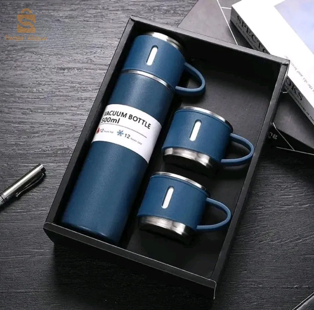 طقم أكواب وترمس من الفولاذ المقاوم للصدأ بطبقة مزدوجة سعة 500 مل