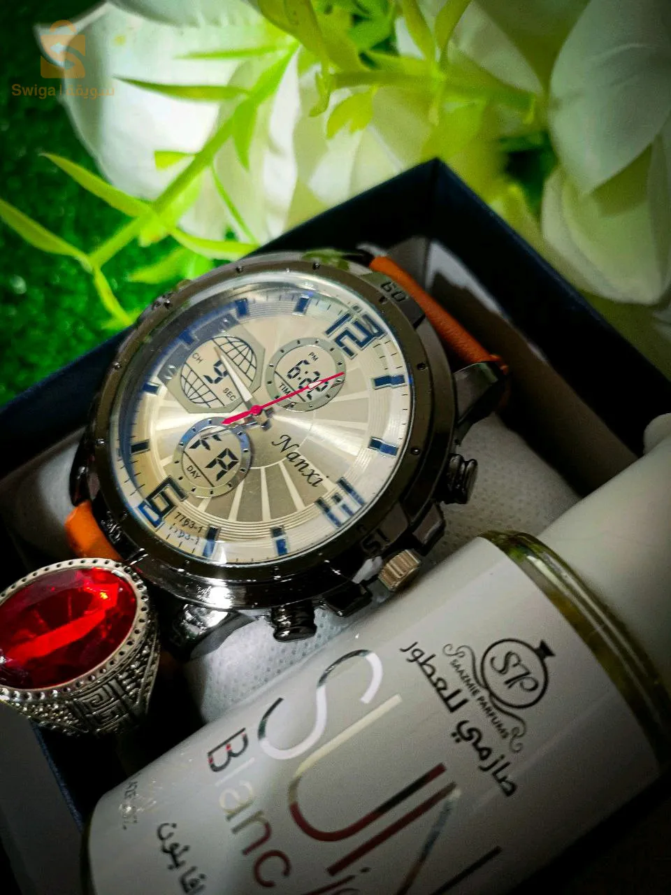 ساعة رجال + عطر + خاتم