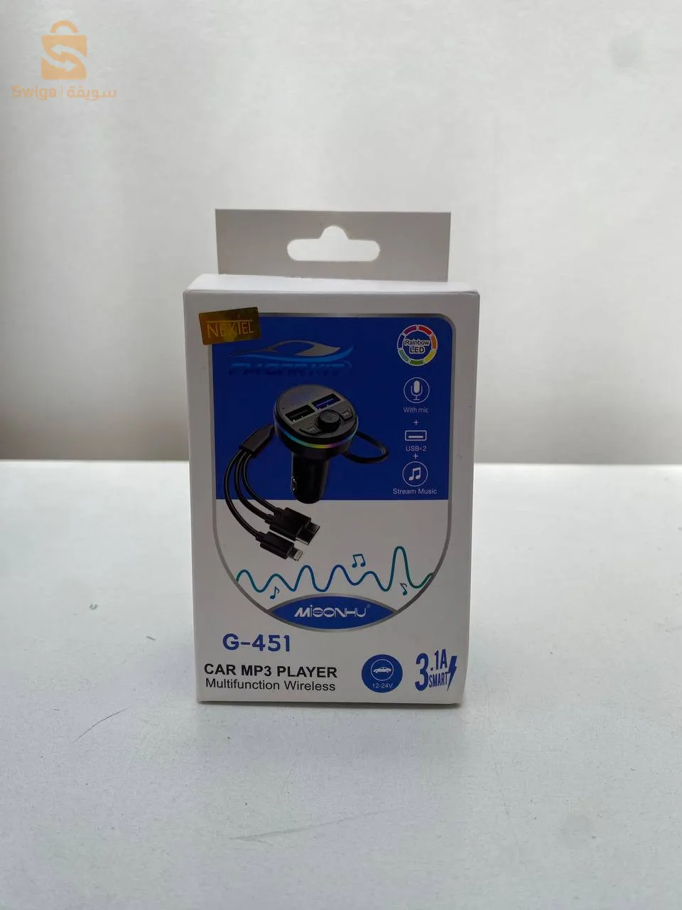 Chargeur de voiture et transmetteur MP3 FM Bluetooth RGB avec 3 câble de chargement G-451