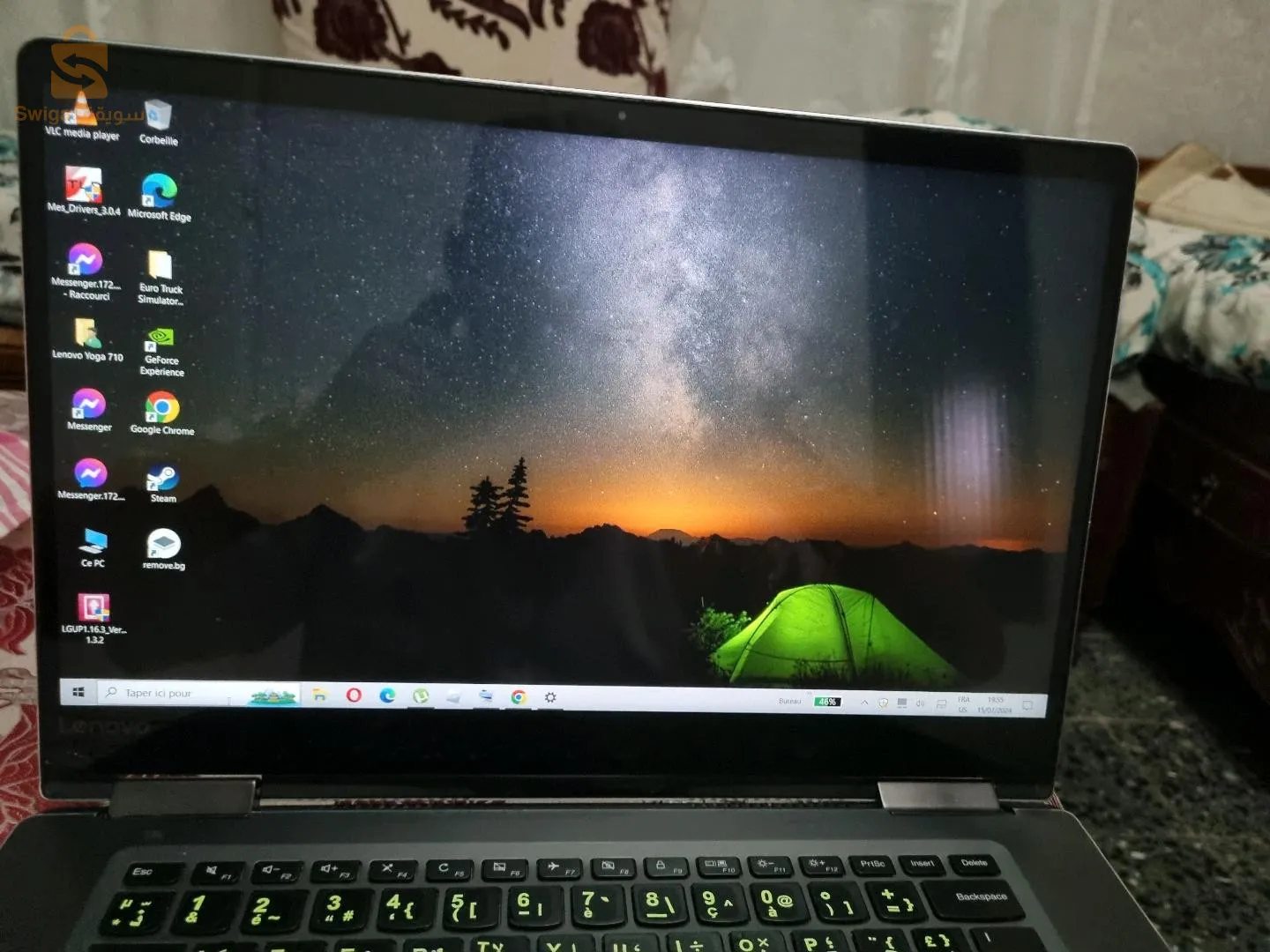 لابتوب lenovo yoga 
Double carte graphique intel, nvidea 
16gb ram
255 ssd 
Ecran tactile 
2h + batterie 
I5 7em gen