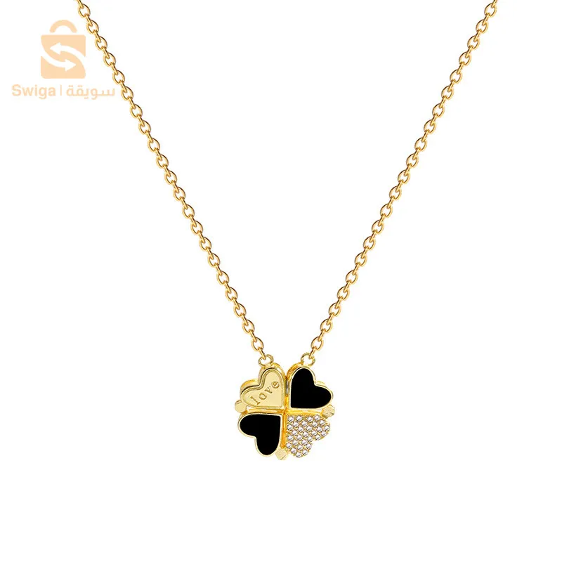 Collier avec Pendentif Magnétique en forme de Trèfle -Noir et Doré