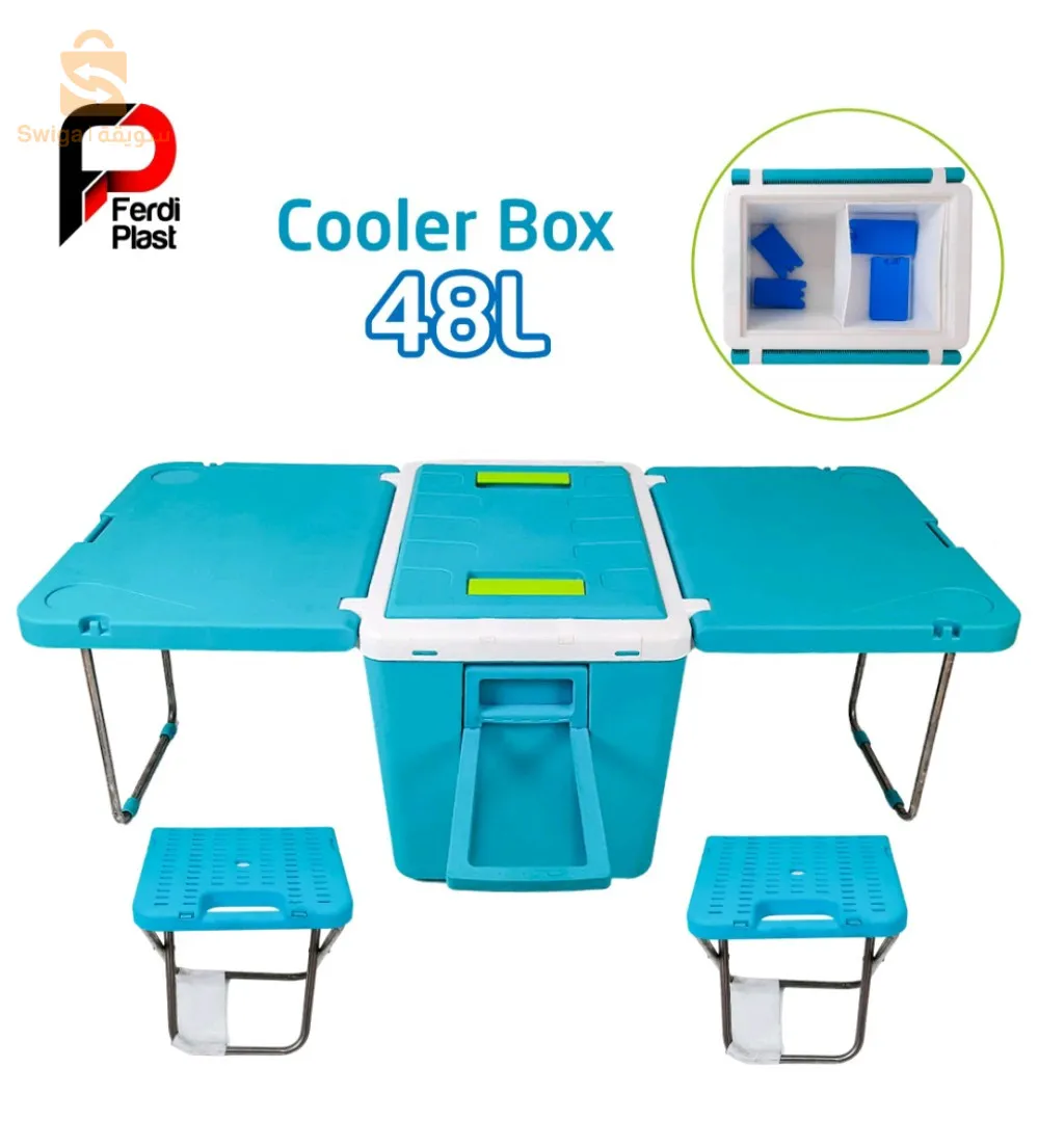 Ferdi Glacière Portative 48L Avec Table, 2 Chaise Ideal Pour Camping