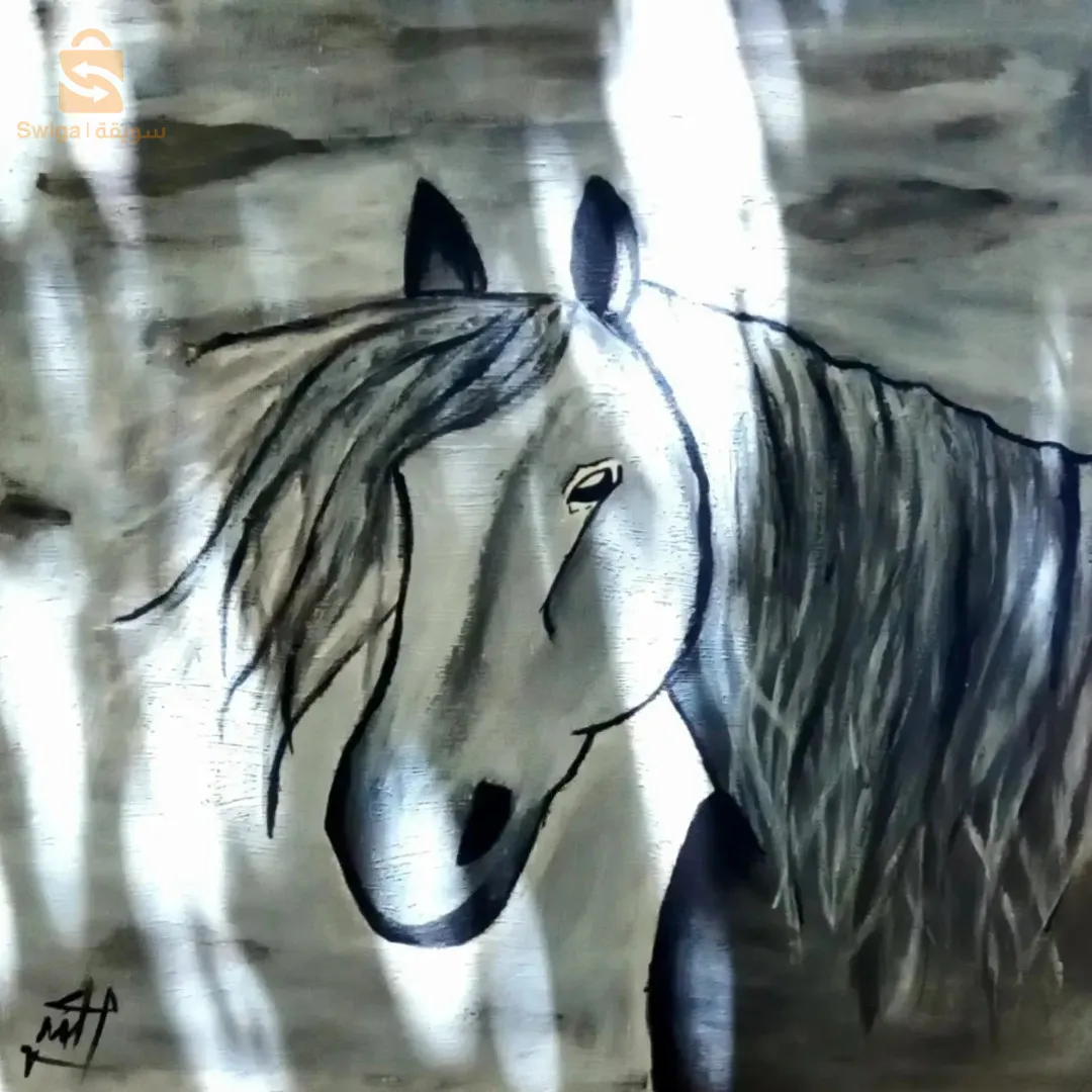 لوحة حصان بالأبيض و الأسود ( فن تعبيري معاصر ) 
Peinture de chevaux en noir et blanc (art expressionniste contemporain)