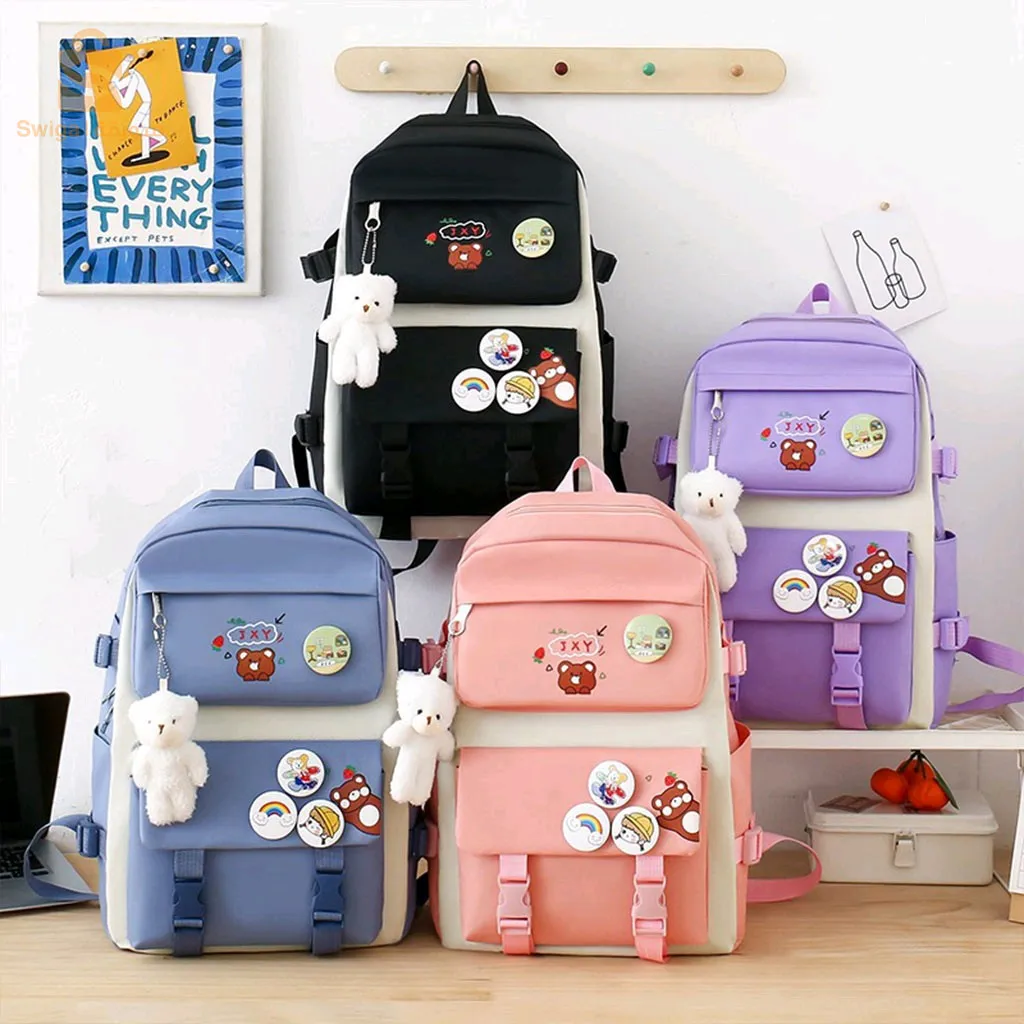 Ensemble Sac à dos Kawaii 4 pièces, joli sac à dos pour l’école avec accessoires