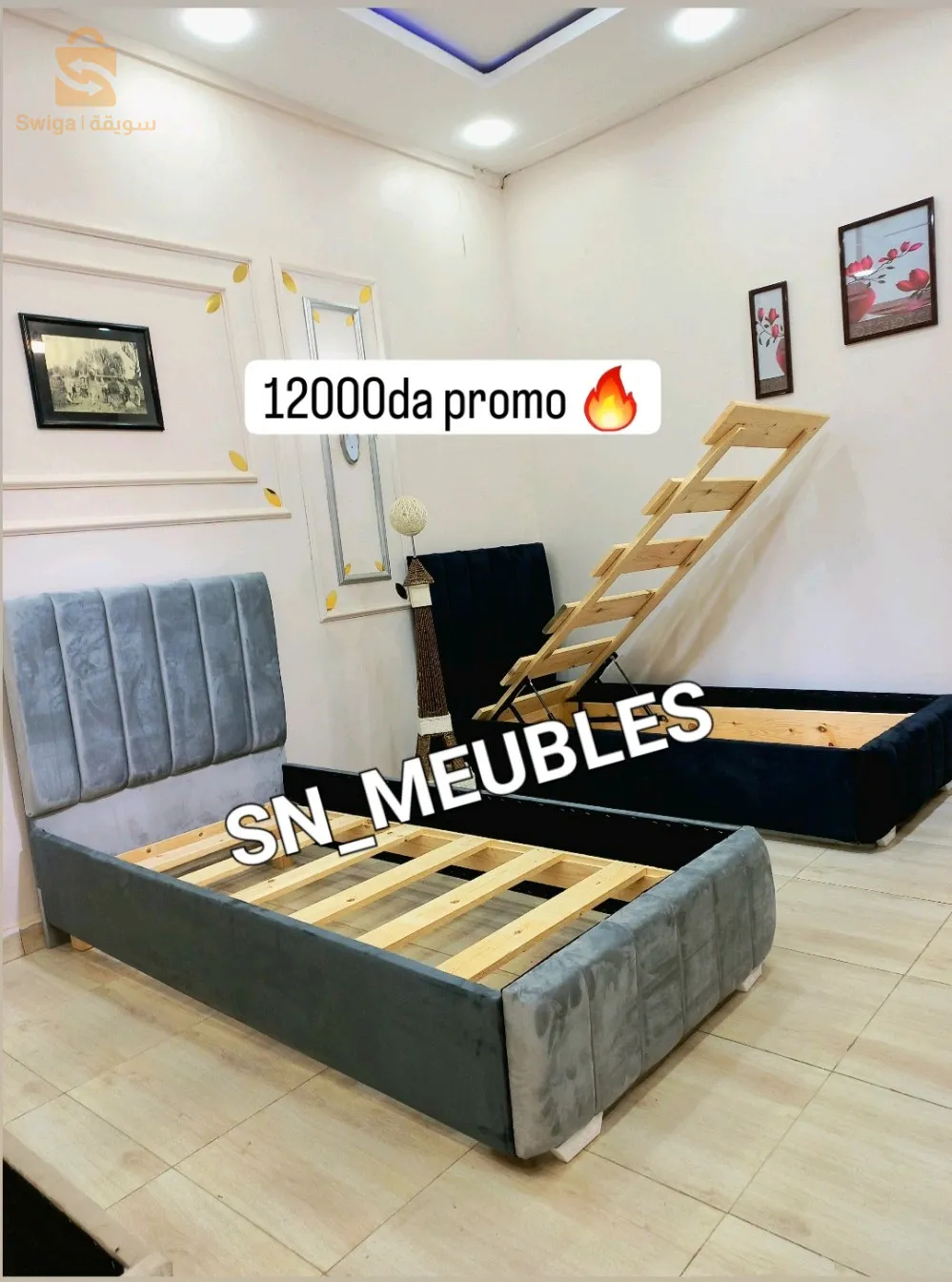 lit capitonné une place avec sommier simple et coffret bois rouge disponible gris biege noir