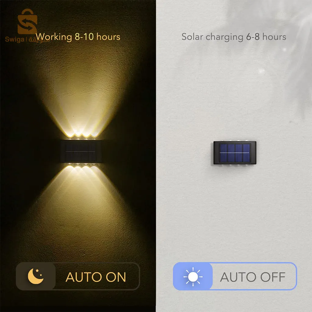 2 Pcs Applique murale solaire 8 LED, décoration extérieure de jardin, haute luminosité, éclairage lumineux haut et bas