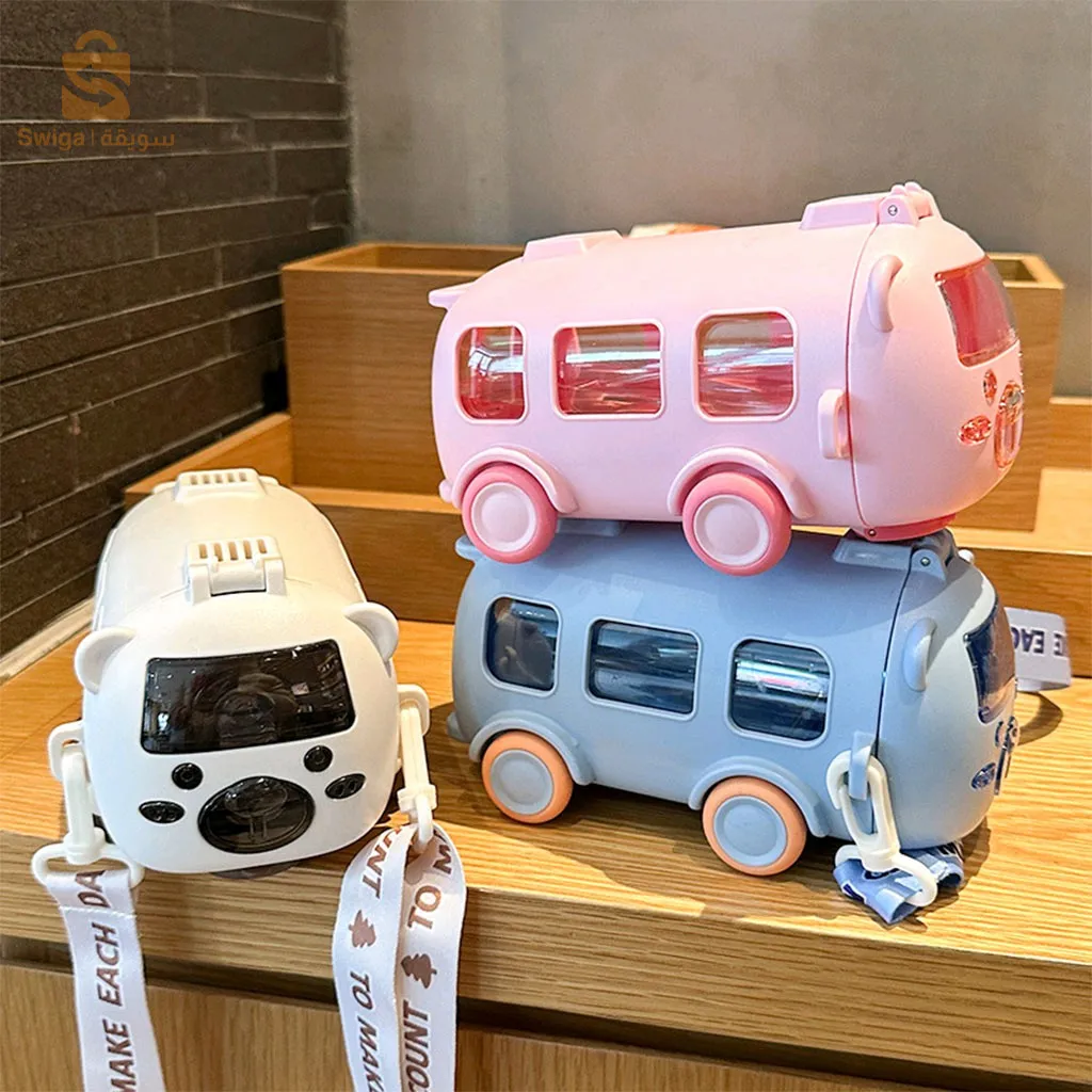 زجاجة مياه صديقة للبيئة للأطفال على شكل حافلة - مع حزام وقش مانع للتسرب 500 مل$👍