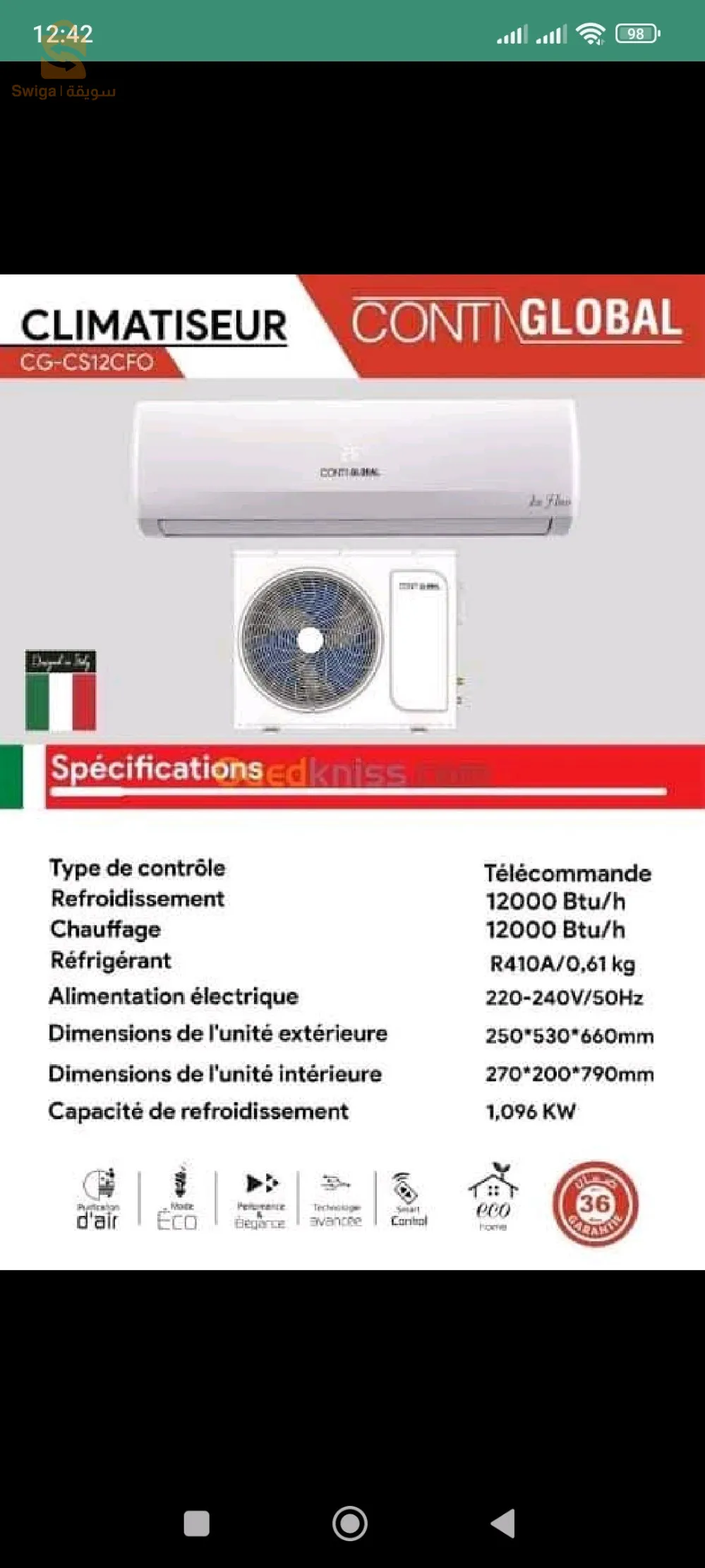 Climatiseur CONTIGLOBAL 12000Btu