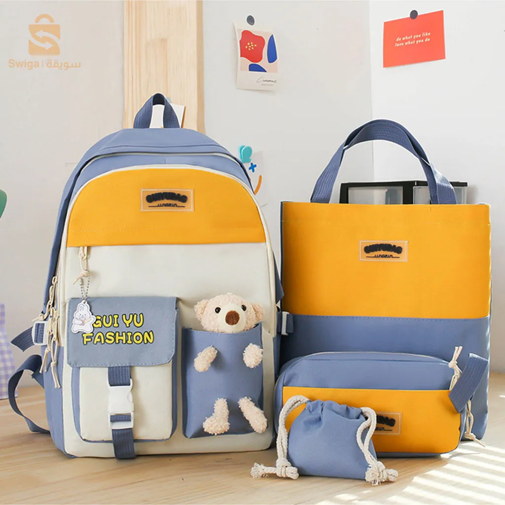 Sac À Dos Scolaire Hello Guiyu Fashion 4pcs en toile pour Adolescents Et Filles - Bleu
