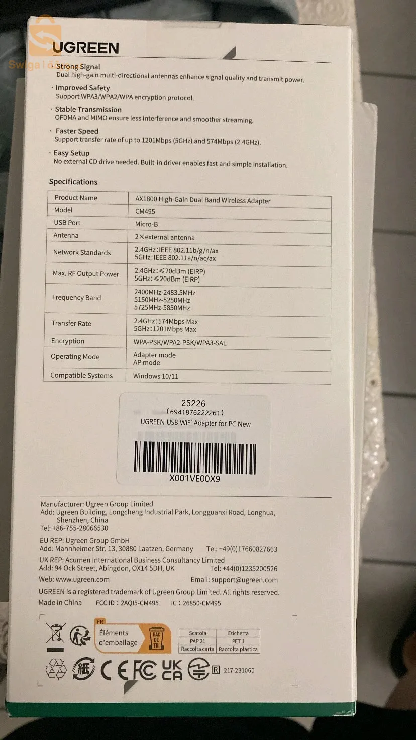 يوجرين - ملتقط واي فاي 6 AX1800 ميجابت في الثانية