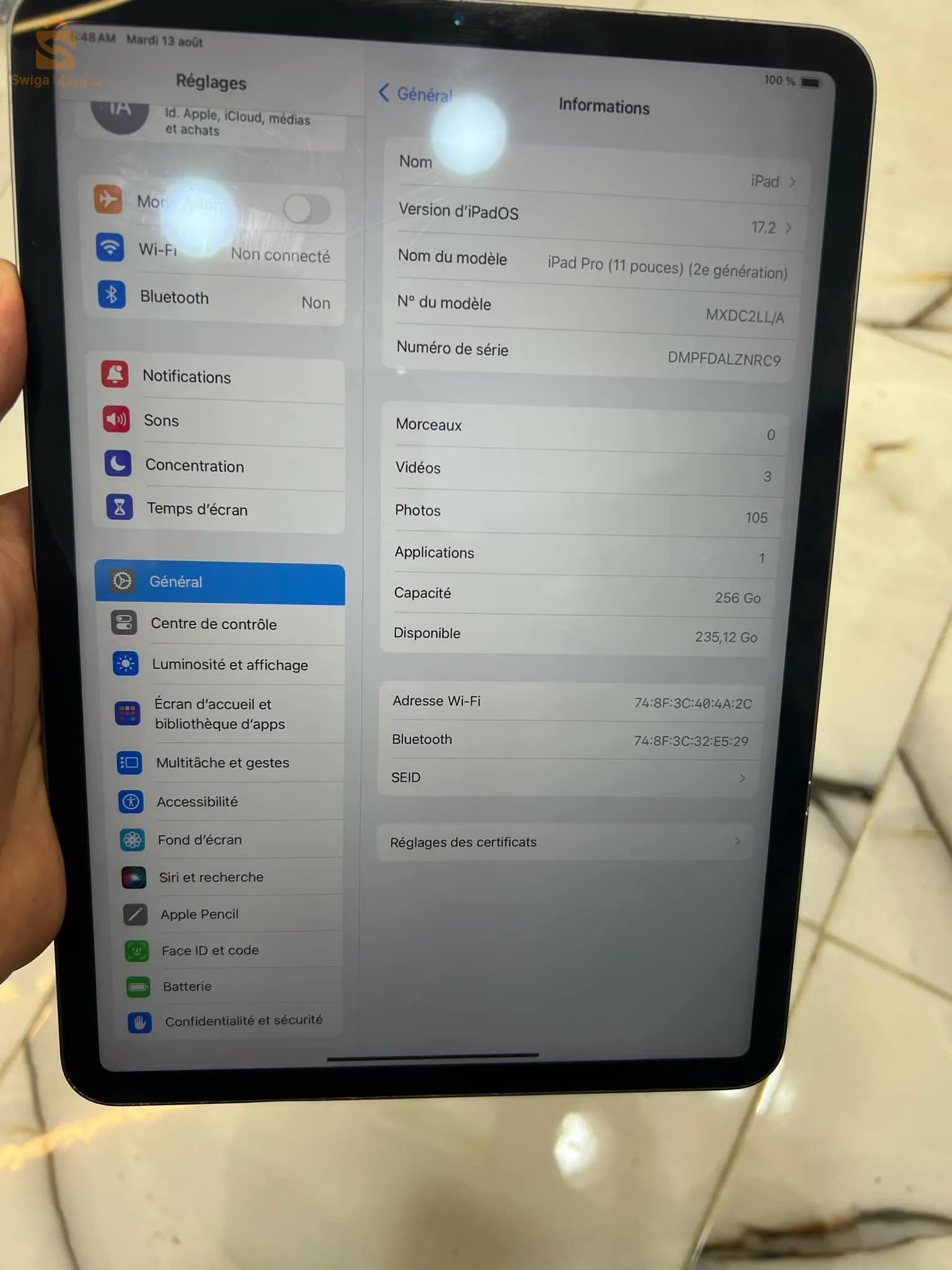 Ipad pro 2020 stockage 256 batterie 88% etat 9/10 marche 10/10