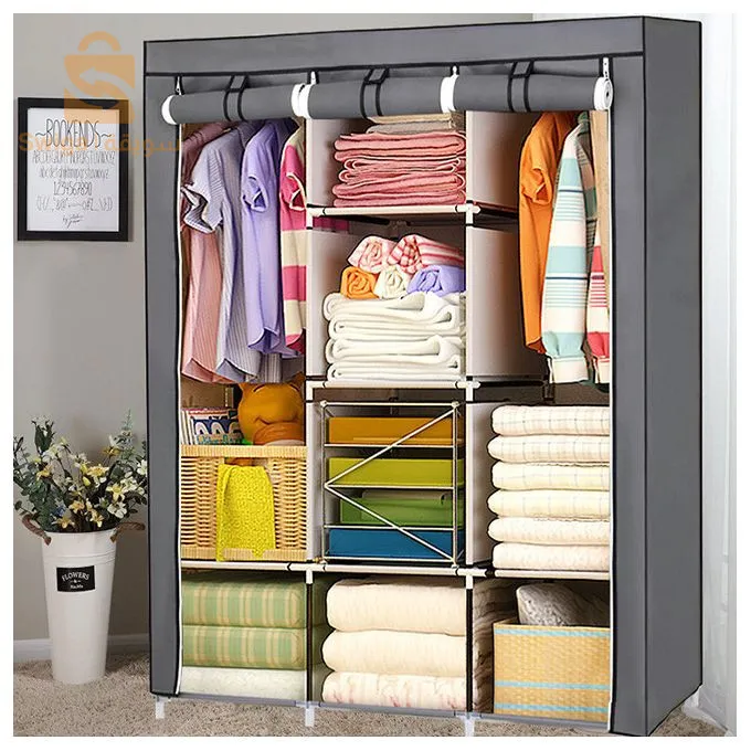 خزانة تخزين مكونة من 7 طبقات وشماعات لباب خزانة الملابس وستارة مقاومة للغبار