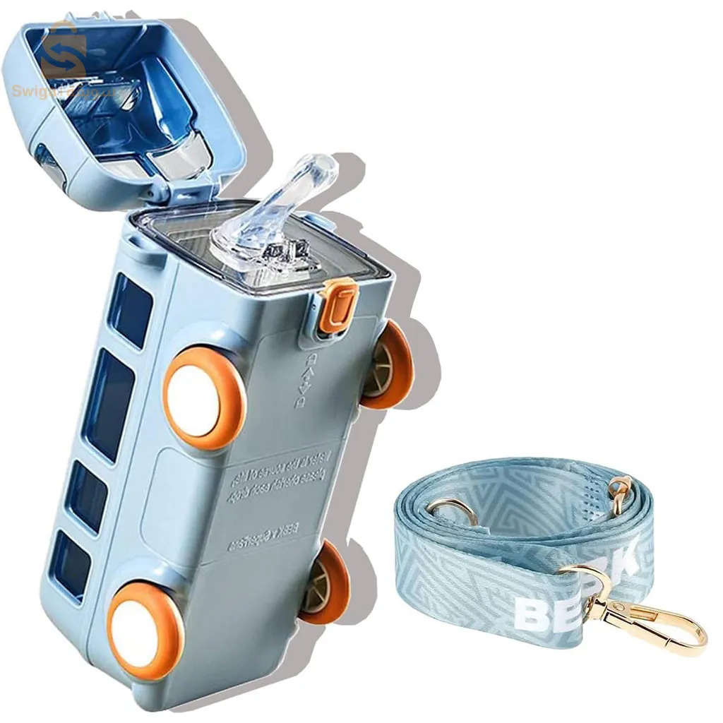 زجاجة مياه صديقة للبيئة للأطفال على شكل حافلة - مع حزام وقش مانع للتسرب 500 مل$👍