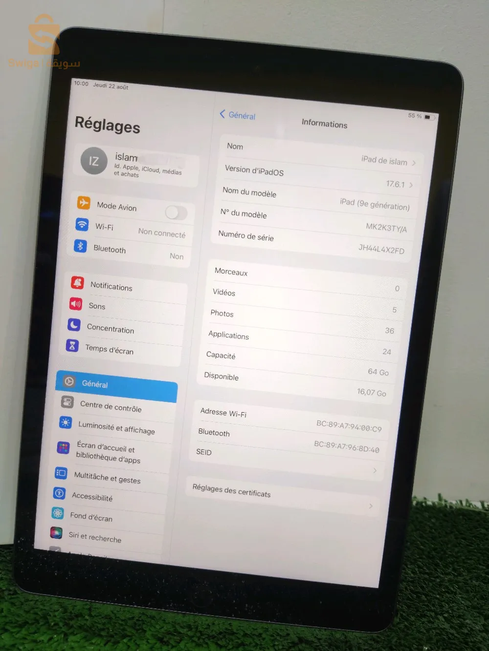 Apple ipad 9 éme generation 10.9" 64go wifi batterie 90% avec boite