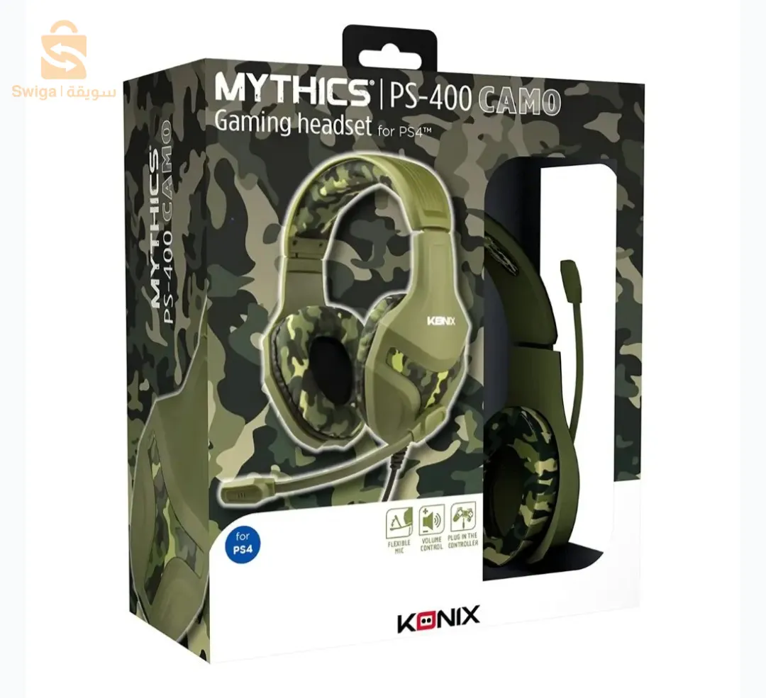 سماعة رأس سلكية للألعاب من Konix Mythics PS-400 لوحدة التحكم، ومكبرات صوت 40 ملم، وميكروفون، ونمط مموه باللون الأخضر الكاكي