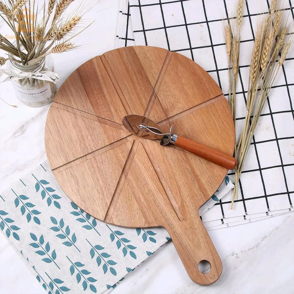 Planche à Découper en Bois avec 8 Rainures Avec Roulette pour Trancher et  Portionner votre Pizza