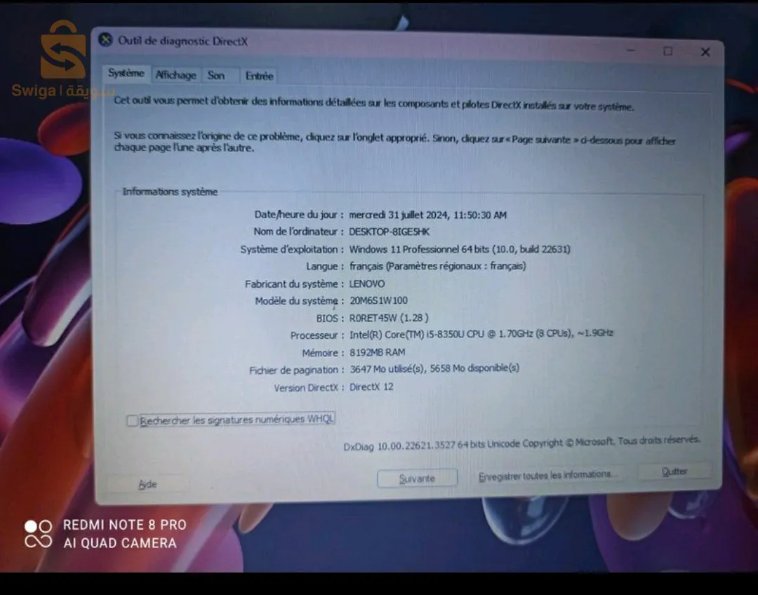 💻 PC Lenovo .🔰 CPU: i5 8eme Generation VPRO.🔰RAM: 8 DDR4.🔰 DISQUE DUR : 256 SSD  .🔰 ECRAN : 14.1" PouCe .🔰ETAT : 9.9/10 🔥.🔰PORT : USB -   Type-C - HDMI ....🔰🔌  chargeur original.💸💰 PRIX : 🔥🔥🔥🔥DA 💰💸مع امكانية التوصيل✅TELEPHONE : 0667810812