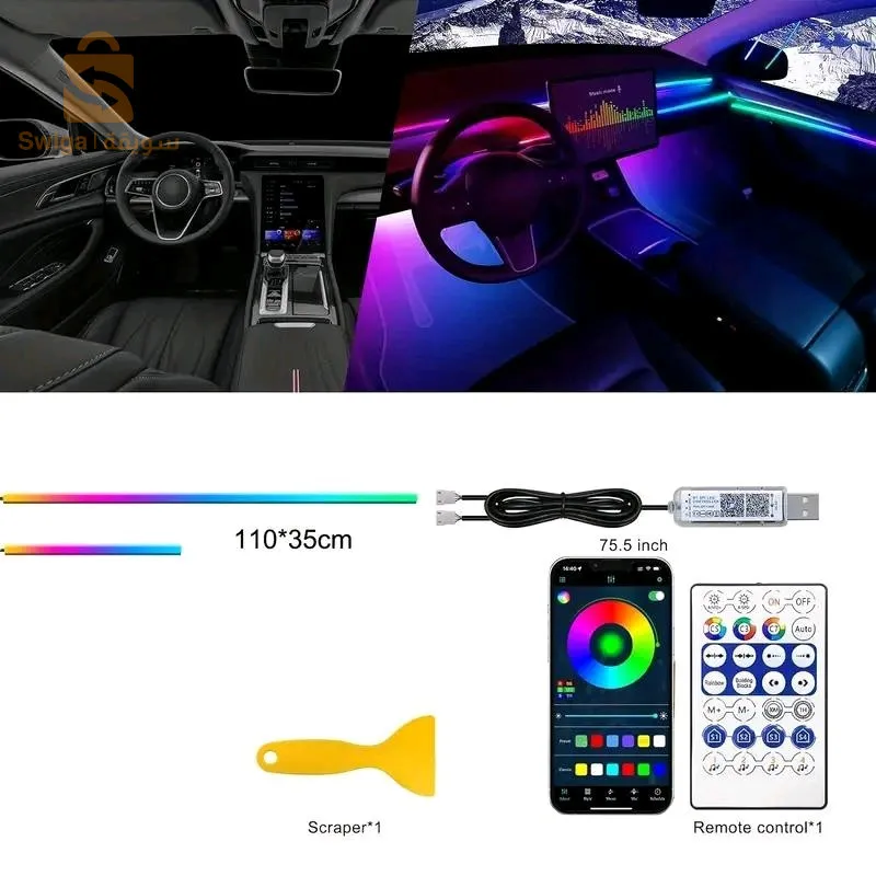 Car Interior RGB Neon LED Light Strip, Sound Activated Ambient Lighting With App and Remote Control