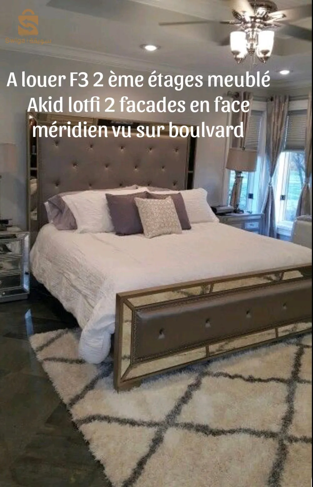 A louer F3 2 ème étages meublé Akid lotfi 2 facades en face méridien vu sur boulvard