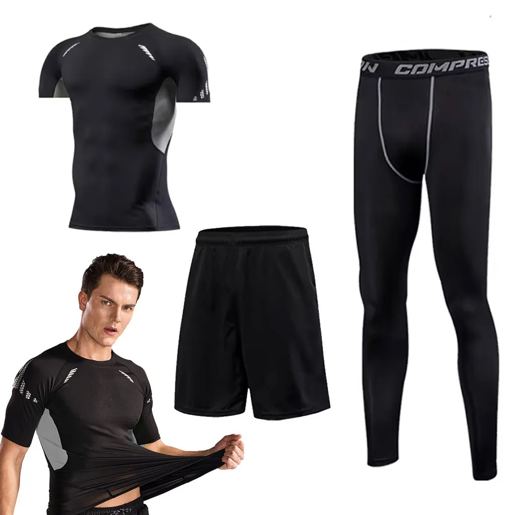 Ensemble de Compression pour Hommes de Sport 3 pièces Top et jambières