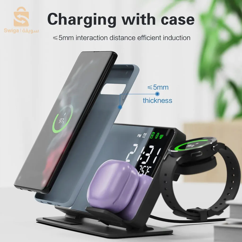 Chargeur sans fil 4 en 1 et station de charge ultra rapide avec Miroir Réveil integré