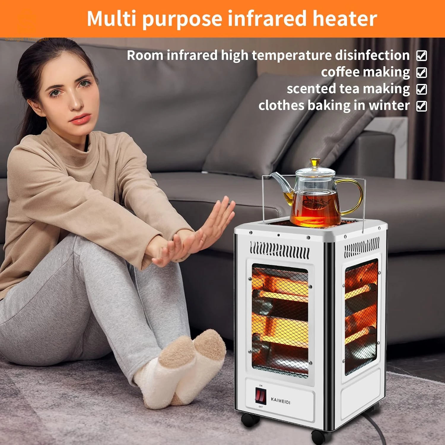 Chauffage Soufflant 2000 W, 360 Degrés, Électrique Eco, Faible Consommation avec 5 Poignées, 5 Modes (400 W-2000 W) - Blanc