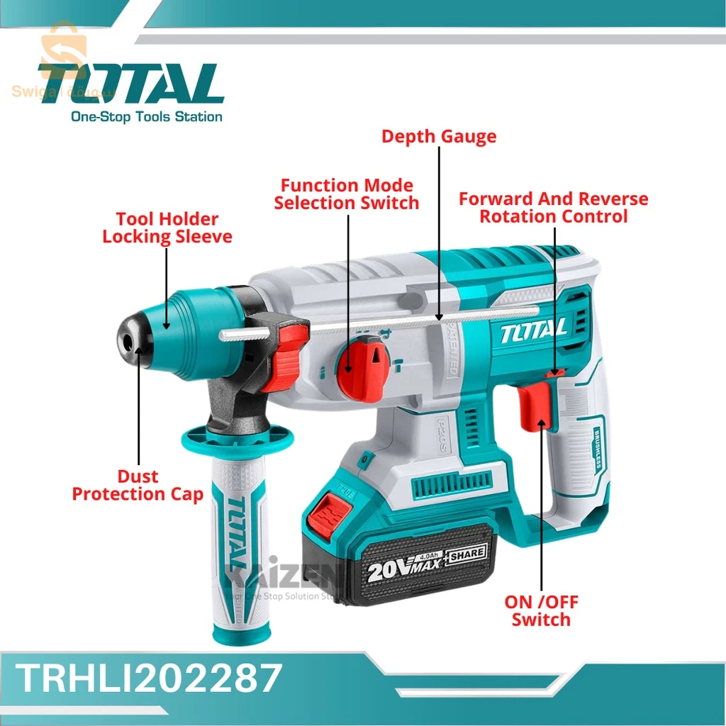TOTAL Marteau Rotatif Professionnel Sans Fil Avec 2 Batterie Rechargeable TRHLI202287