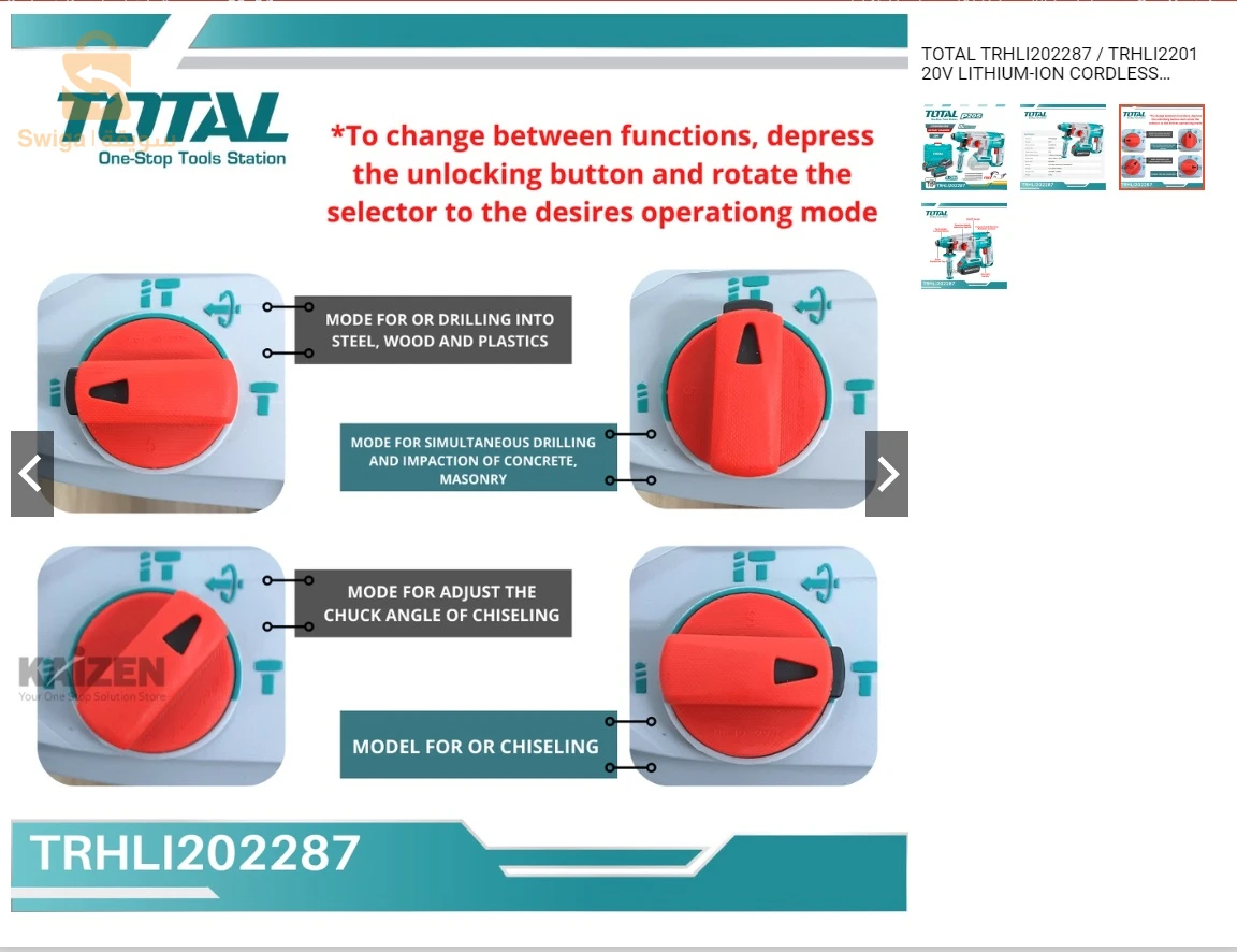 TOTAL Marteau Rotatif Professionnel Sans Fil Avec 2 Batterie Rechargeable TRHLI202287