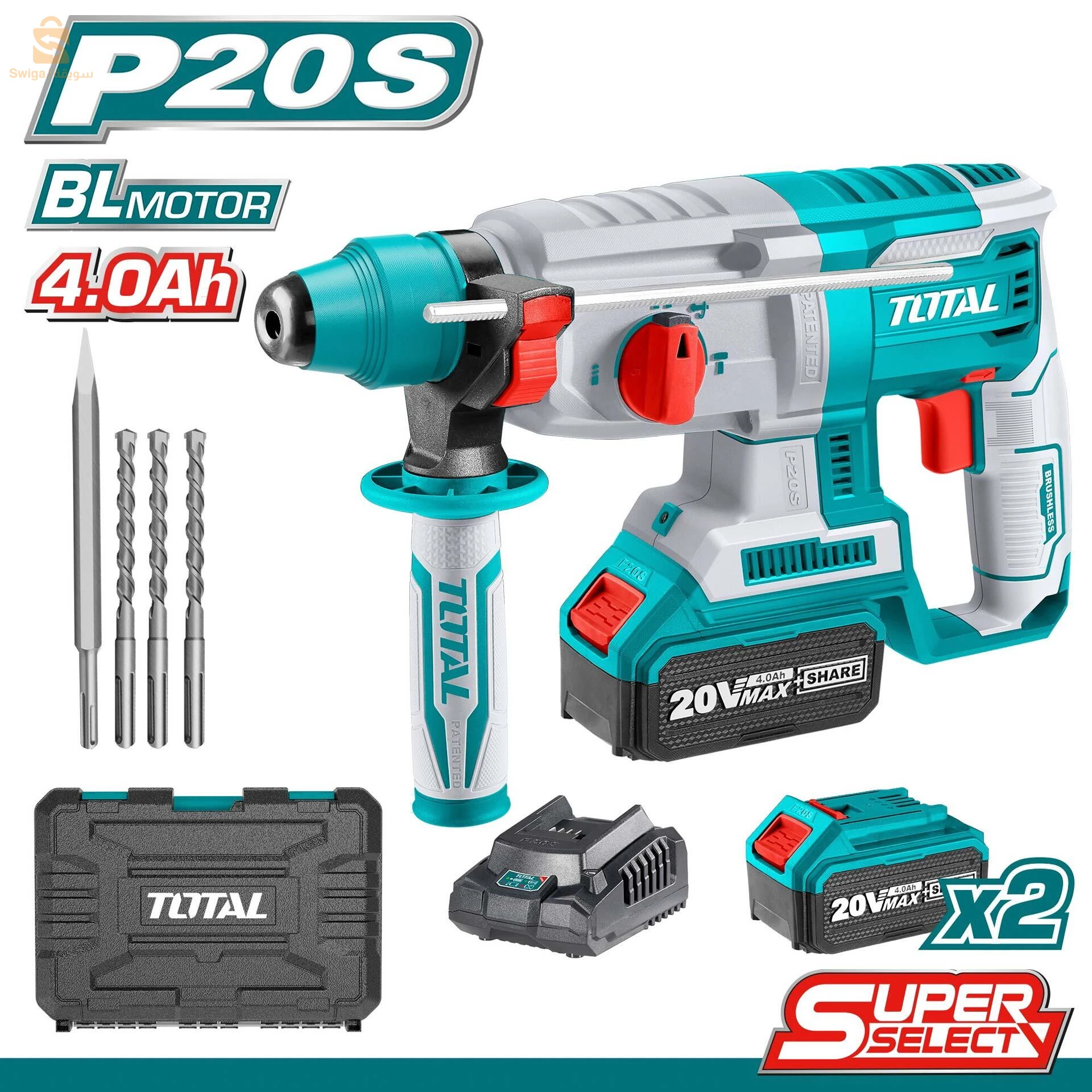 TOTAL Marteau Rotatif Professionnel Sans Fil Avec 2 Batterie Rechargeable TRHLI202287