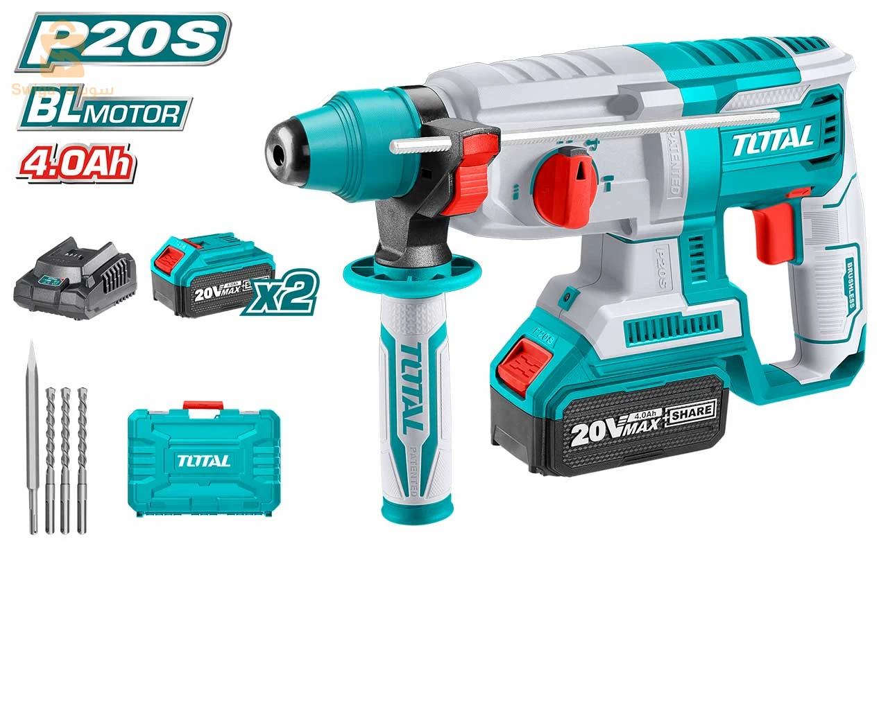 TOTAL Marteau Rotatif Professionnel Sans Fil Avec 2 Batterie Rechargeable TRHLI202287