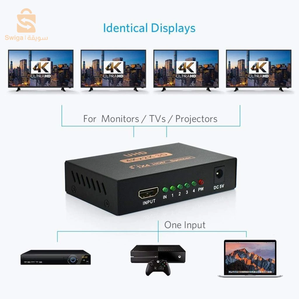 🛒 عندك جهاز واحد وحاب تم عرضه على 4 شاشات؟ 📺🎮 الحل السهل مع موزع HDMI 1x4