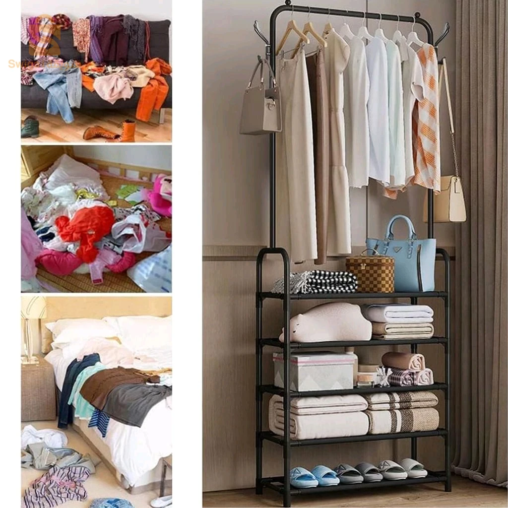 Porte à Vêtements avec 5 Étagères de Rangement et Roulettes – حامل ملابس مع 5 أرفف تخزين وعجلات