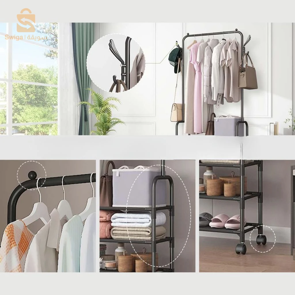 Porte à Vêtements avec 5 Étagères de Rangement et Roulettes – حامل ملابس مع 5 أرفف تخزين وعجلات