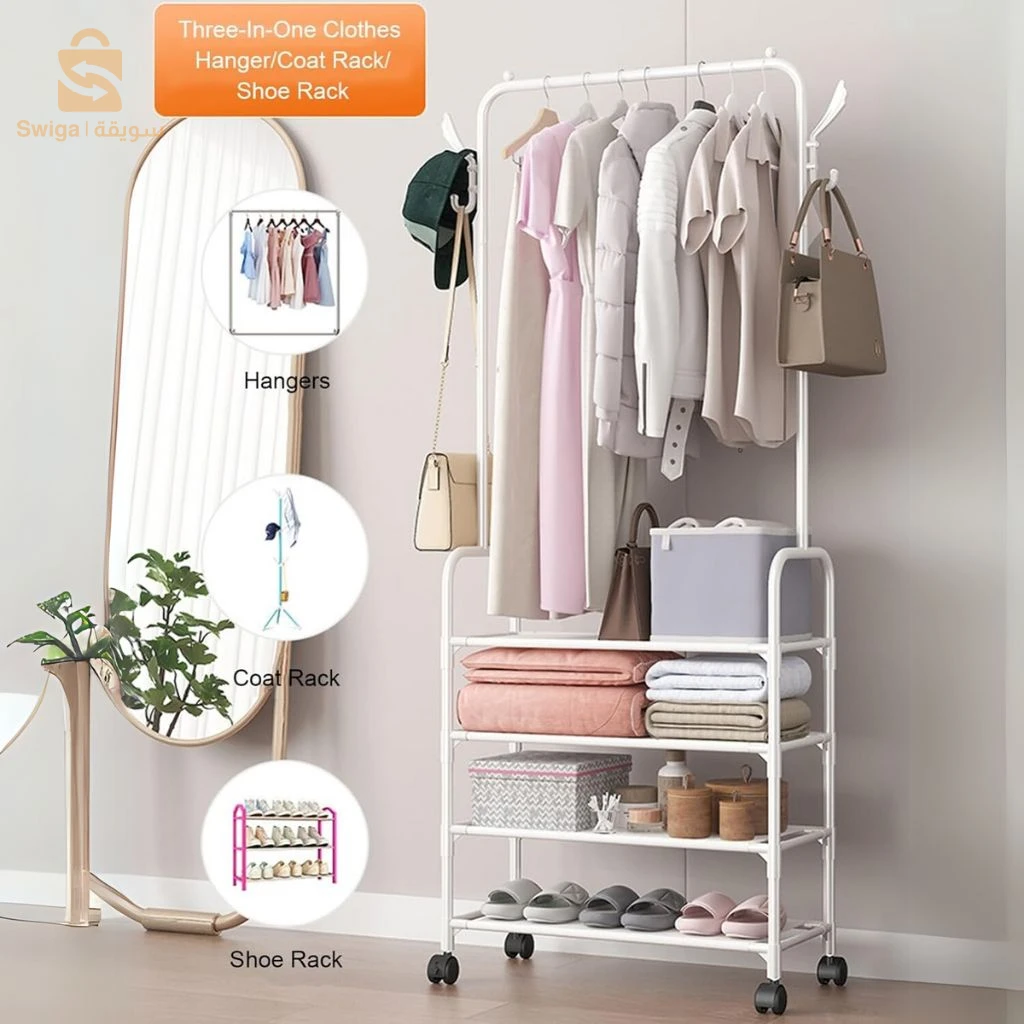 Porte à Vêtements avec 5 Étagères de Rangement et Roulettes – حامل ملابس مع 5 أرفف تخزين وعجلات