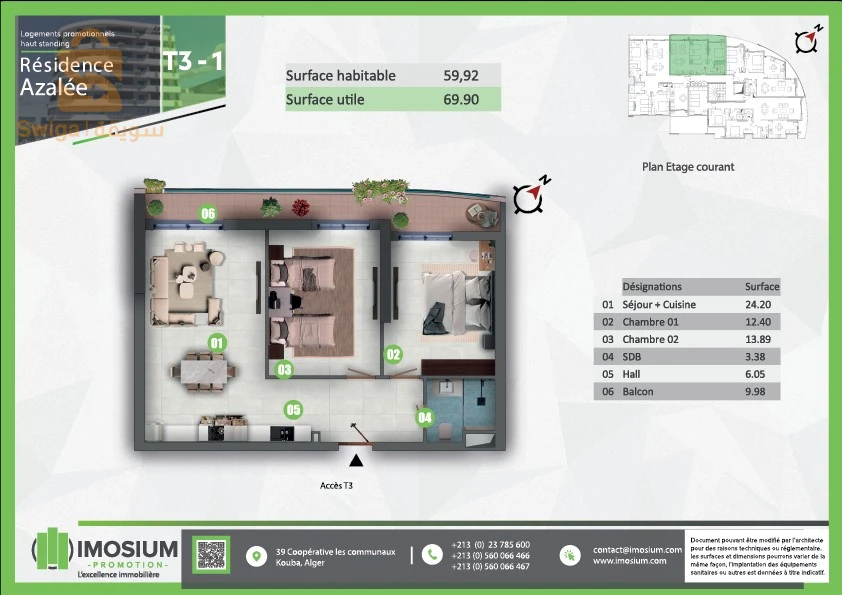 APPARTEMENT F3 69,90 m² dans la Résidence AZALÉE
