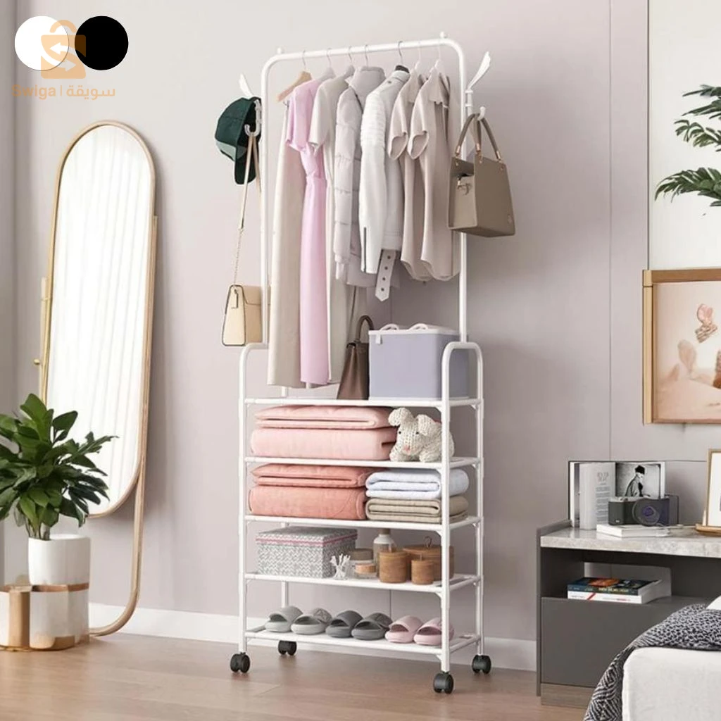 Porte à Vêtements avec 5 Étagères de Rangement et Roulettes – حامل ملابس مع 5 أرفف تخزين وعجلات