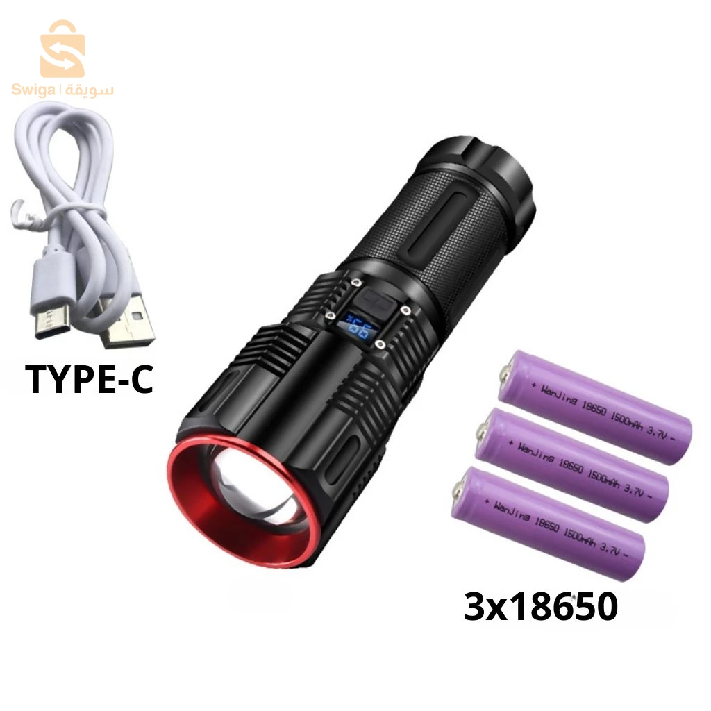 Lampe Torche à LED Haute Puissance 30W avec Batterie Lithium 18650 – مصباح يدوي عالي الطاقة مع بطارية ليثيوم