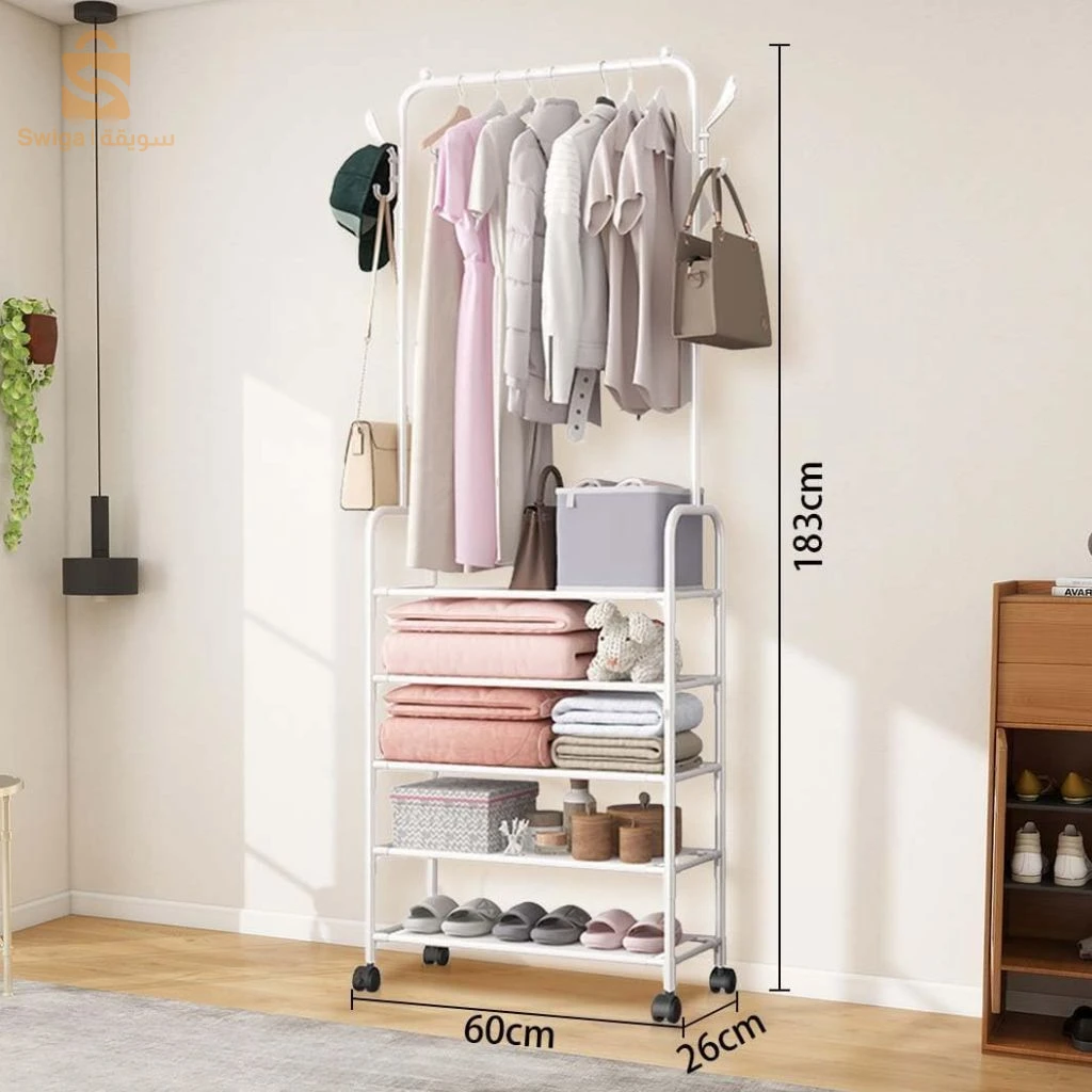 Porte à Vêtements avec 5 Étagères de Rangement et Roulettes – حامل ملابس مع 5 أرفف تخزين وعجلات