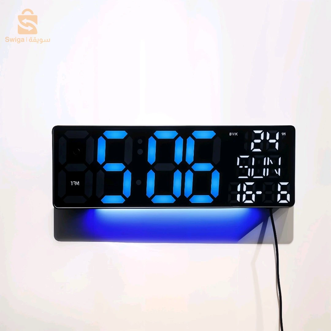 Horloge Numérique Murale et Table LED à Éclairage Bleu Inférieur – ساعة رقمية للحائط و المكتب بإضاءة سفلية زرقاء