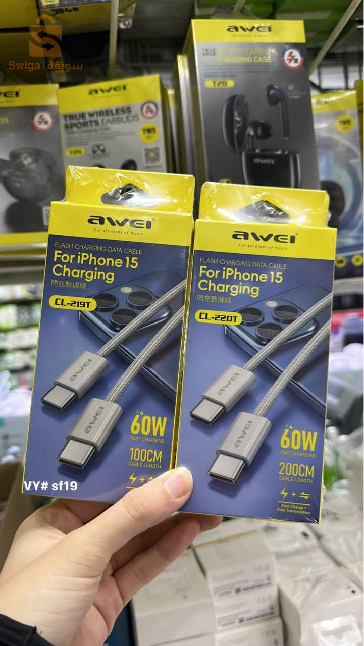 AWEI CL-219T USB-C / USB-C cable 60W 1m compatible with iPhone 15 black