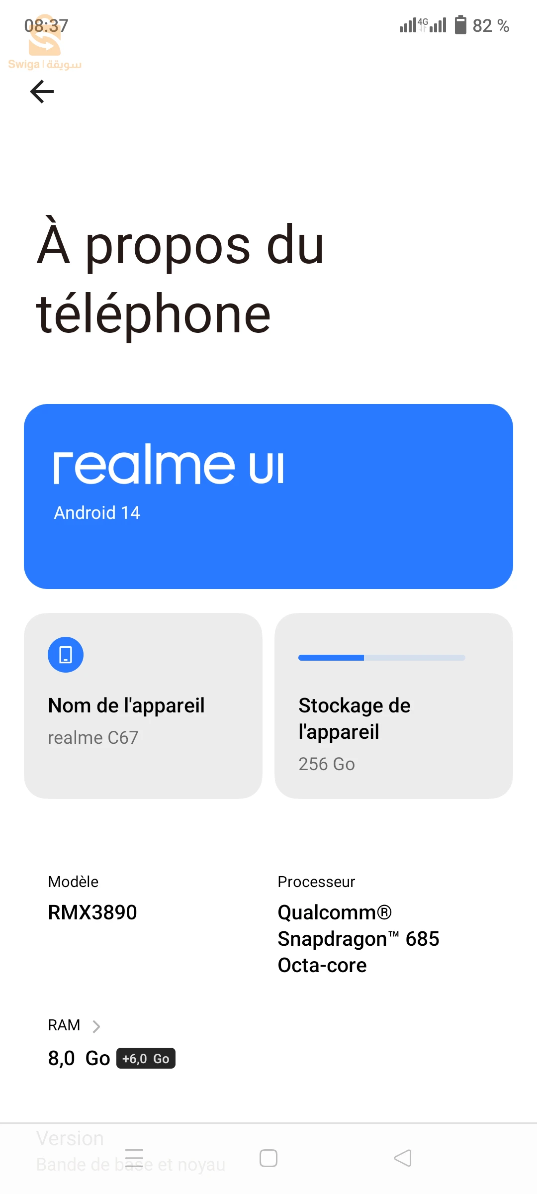 Realme 67  rmx 3890 8 g ram 256 stockage