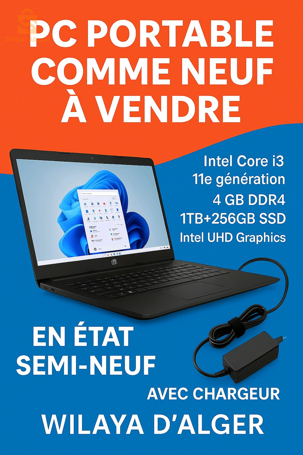 HP Laptop 15-dw3052nk 11ème génération + SSD 256